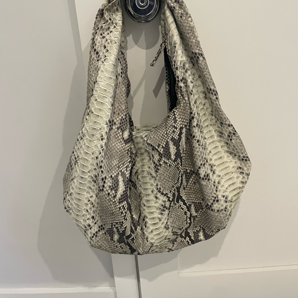 Genuine Snake Large Hobo Bag in Gray and Cream